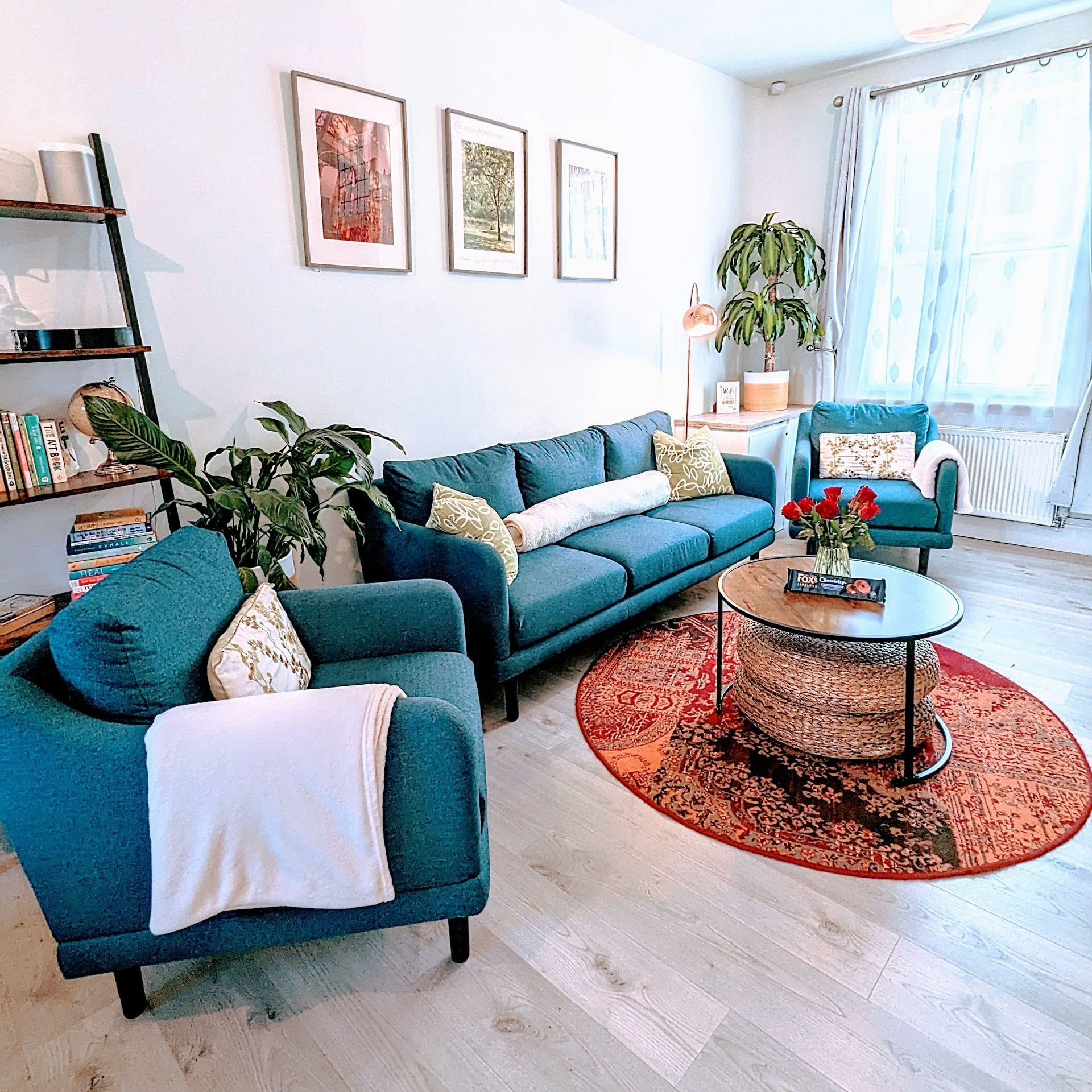 lounge with blue sofa