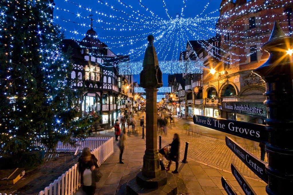 Christmas lights in Chester centre at night