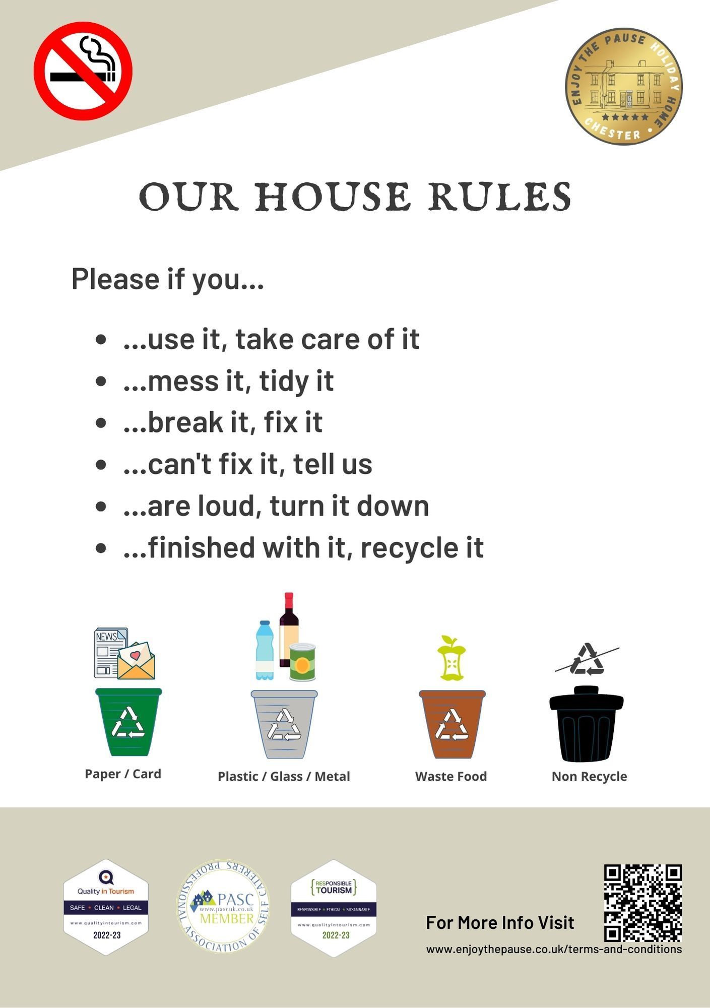 House rules posted and how to recycle waste