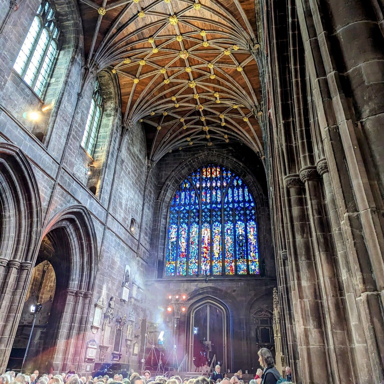chester cathedral architectural roof structure and stain glass window