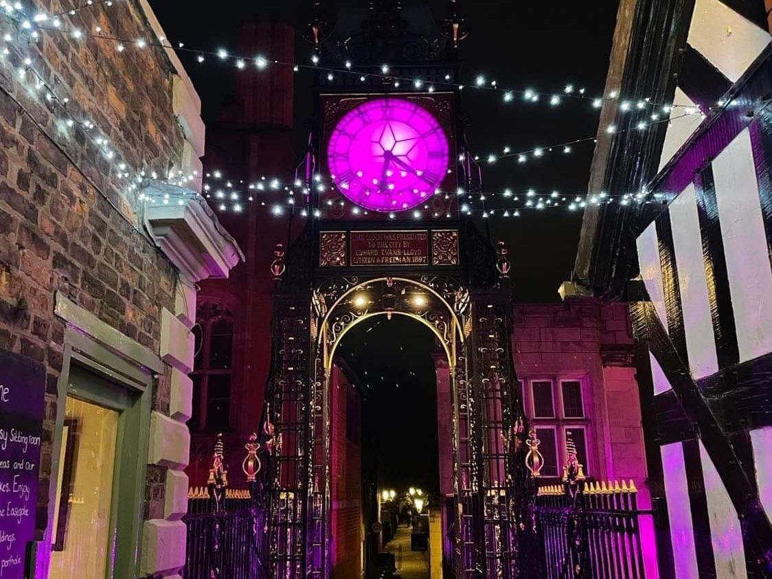 chester cross with christmas lights