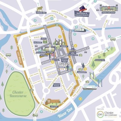 city centre map showing the main streets and key visitor attractions