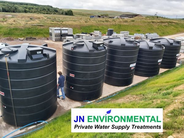 A borehole fed system which semi treats the water into over 120,000 litres of potable water storage. The variable speed twin booster pump then delivers the water to the farm via the UV steriliser.