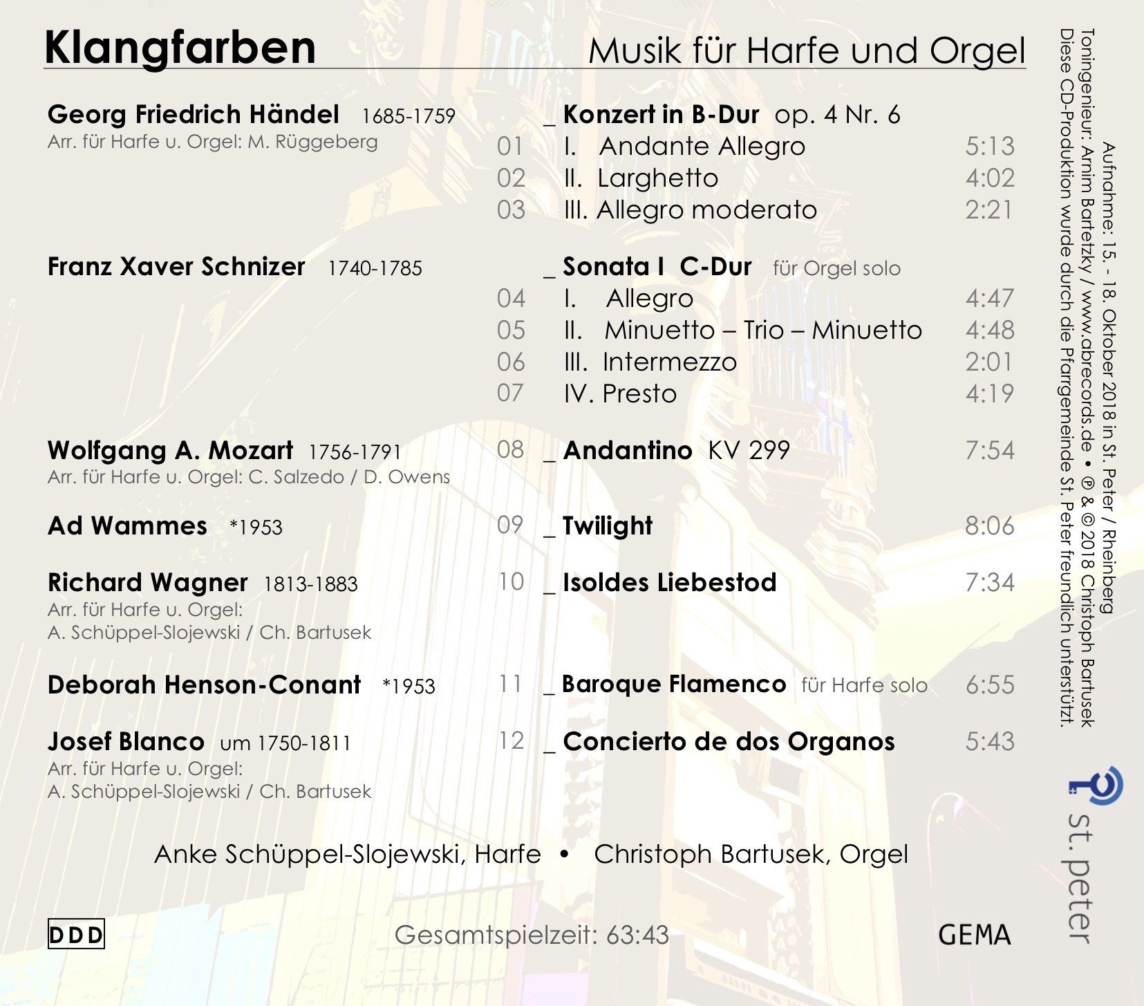 Trackliste CD Klangfarben Musik für Harfe und Orgel Christoph Bartusek