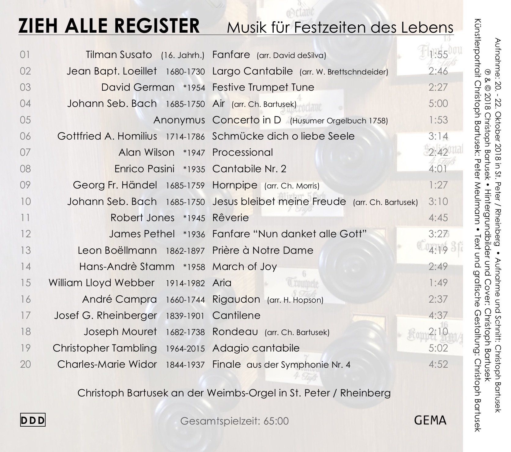 Zum Vergrößern bitte anklicken! Trackliste CD Zieh alle Register Christoph Bartusek Hochzeitmusik