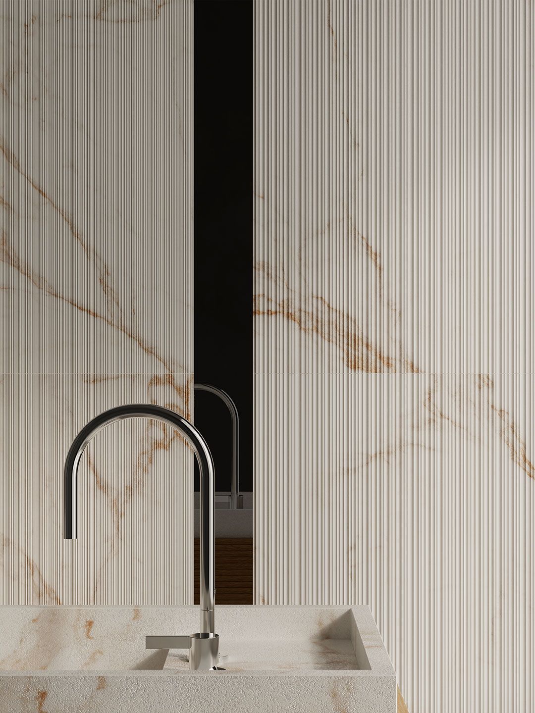 Wandfliesen mit 3D Relief Streifendesign Calacatta Marmor Living Ceramics mit Armaturen