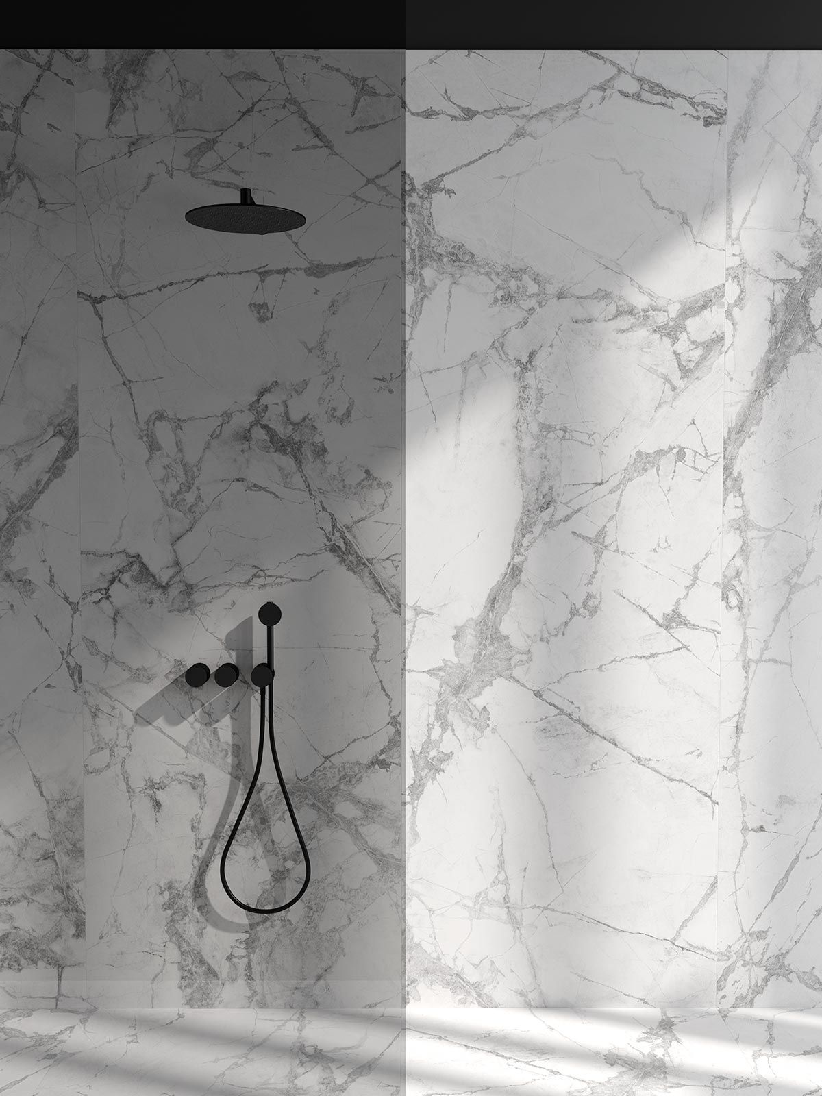 Badezimmer mit Natursteinoptik Carrara Marmor Großformate Living Ceramics.