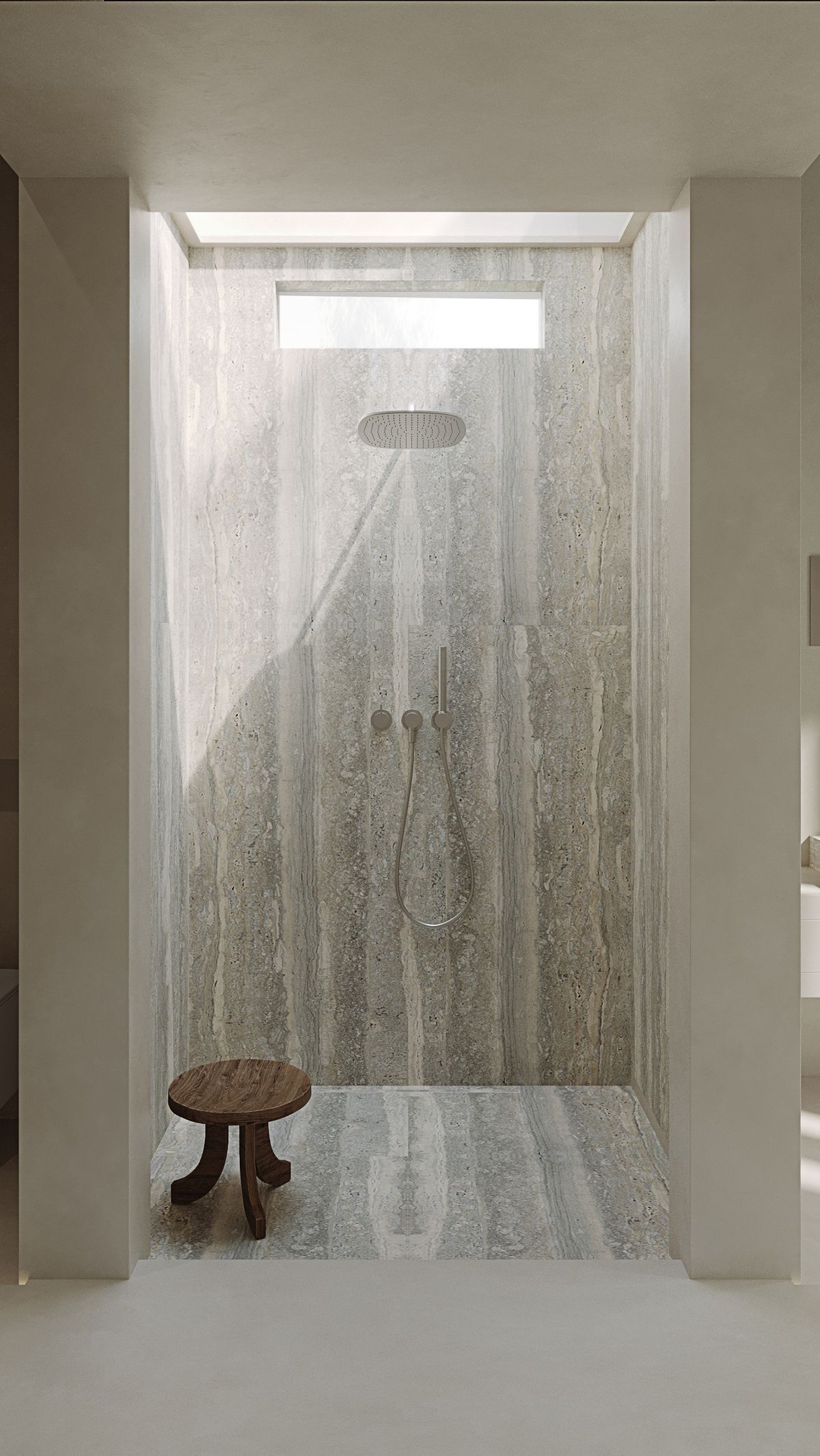 Natursteinoptik Kronos Vein-Cut in Naturfarben, Duschwand mit Armaturen, modernes Ambiente.