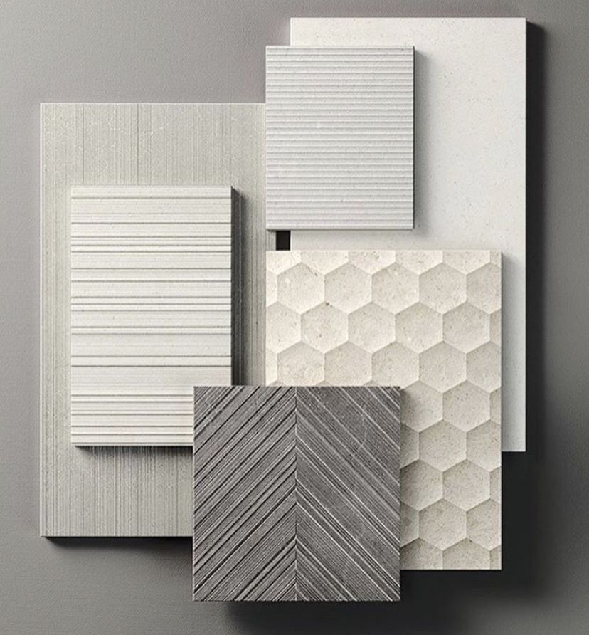 Moodboard mit verschiedenen Fliesen aus Feinsteinzeug gepaart mit Wandfliesen und 3D Relieffliesen, gemischte Farben.