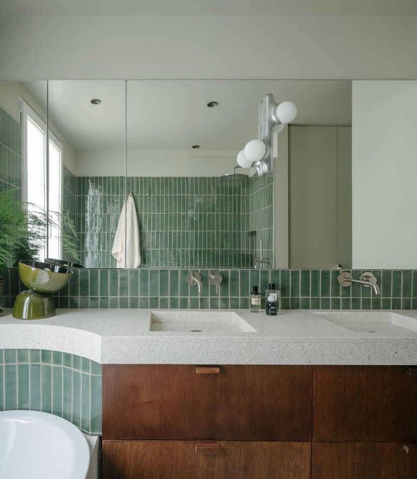 Badezimmer Fliesen handgemacht Aquarell Wasserfarben Grün