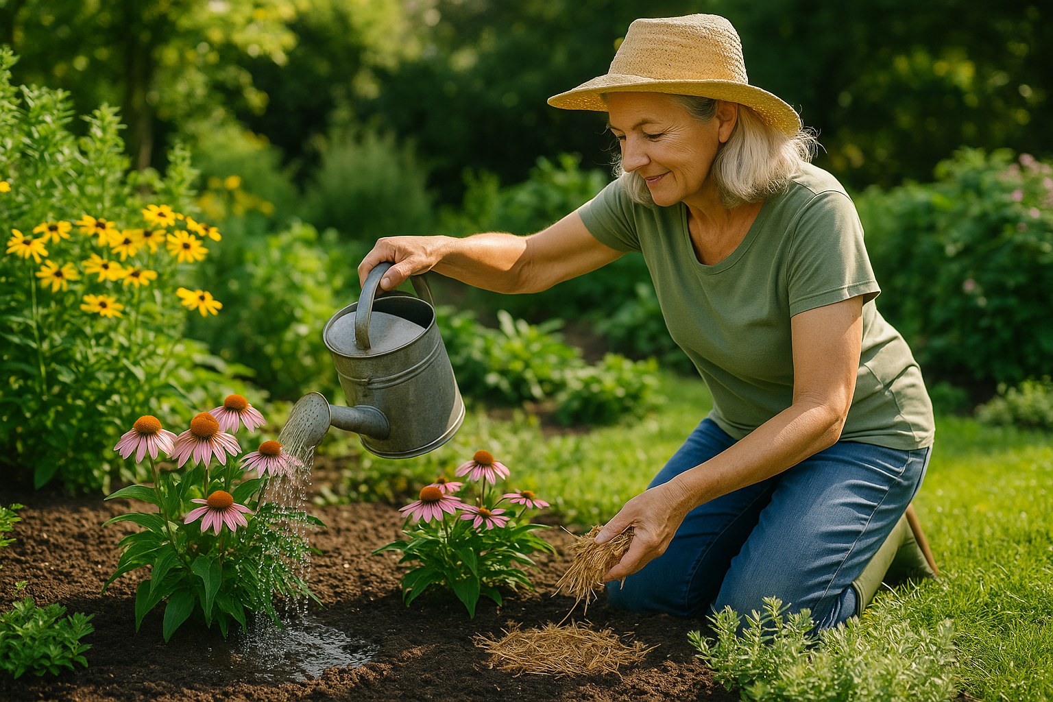 A summer gardener tending flower beds with watering can and mulch, surrounded by healthy plants and
