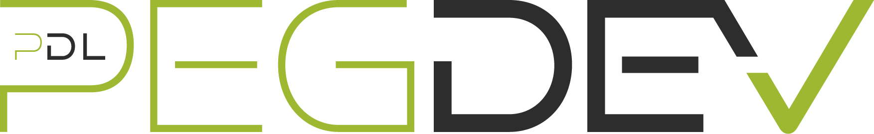 PEGDEV logo with stylized green and black text, featuring the initials “PDL” inside the letter “P” and a checkmark integrated into the letter “V”.