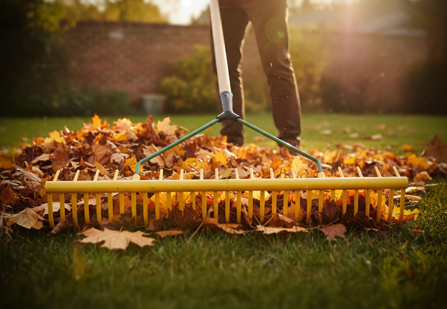 Gardener raking colourful autumn leaves into a pile on a green lawn.
