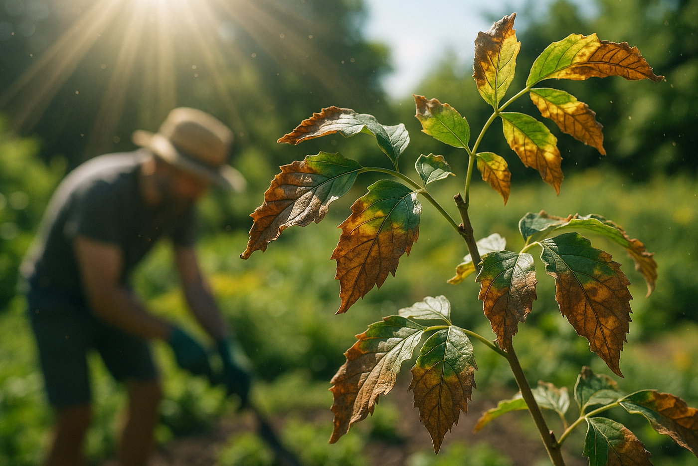 Sun-scorched ash tree leaves with leaf scorch in UK garden, gardener in background.
