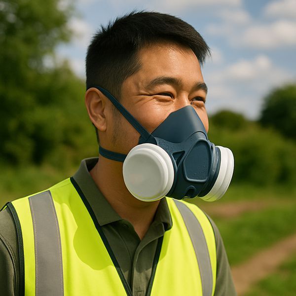 Man wearing a high-visibility safety vest and a dual-filter respirator mask, standing outdoors on a sunny day with greenery and a dirt path in the background.