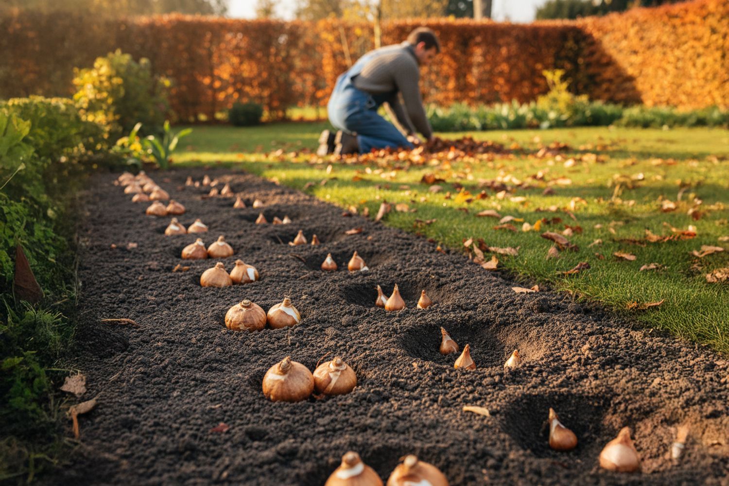 Tulip and daffodil bulbs planted in garden soil with gardener in background on autumn day.