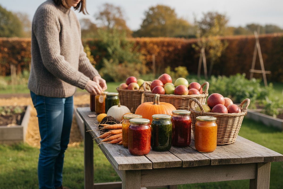 Person arranging jars of chutney and autumn vegetables on a wooden table in a sunny UK garden.