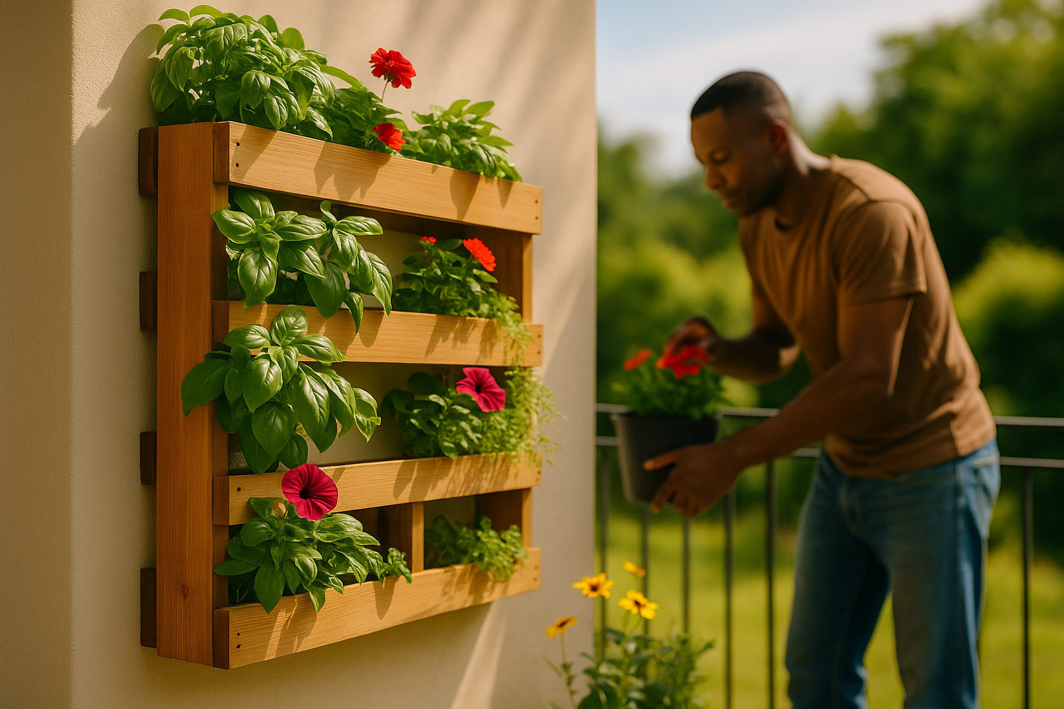 Gardener tending to plants in a vertical garden, showcasing eco-friendly small space gardening ideas