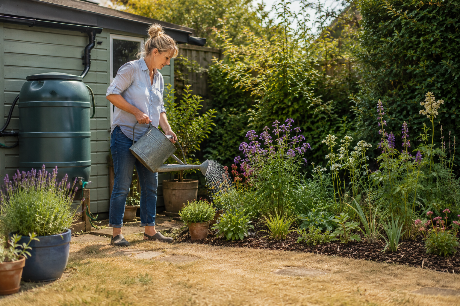 Gardener using a watering can to keep plants healthy during a UK hosepipe ban