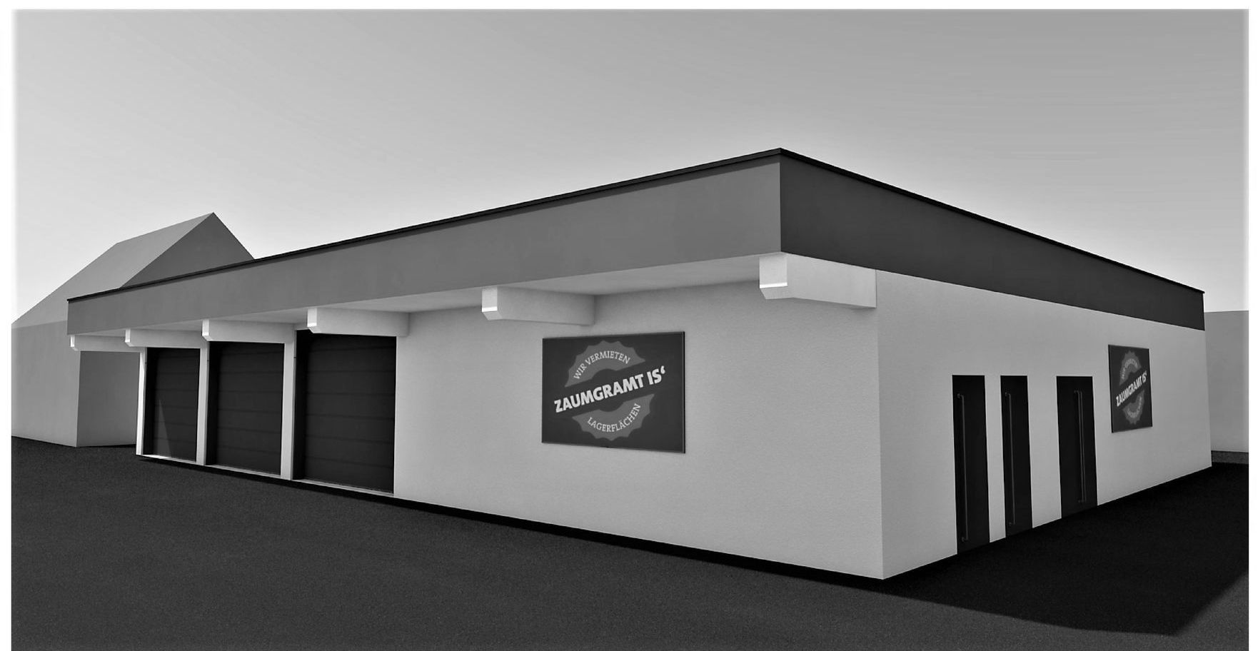 Planansicht Gebäude St. Lorenzen im Mürztal, Grenzstraße 11, 8642 St. Lorenzen im Mürztal, Foto in Schwarz Weiß, Garagentore, Parkplatz, Eingang