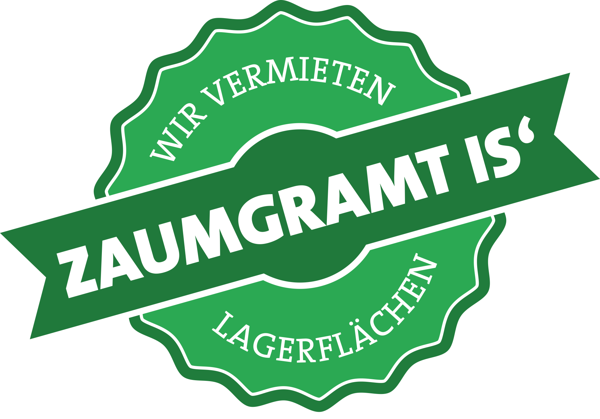 Was ist Zaumgramt is' und wer steckt dahinter? Hier wird unser Unternehmen genau vorgestellt. Das Bild stellt unser Logo dar. Zaumgramt is', wir vermieten Lagerflächen. Fabre in Hellgrün und Dunkelgrun. Schrift in Weiß gehalten.