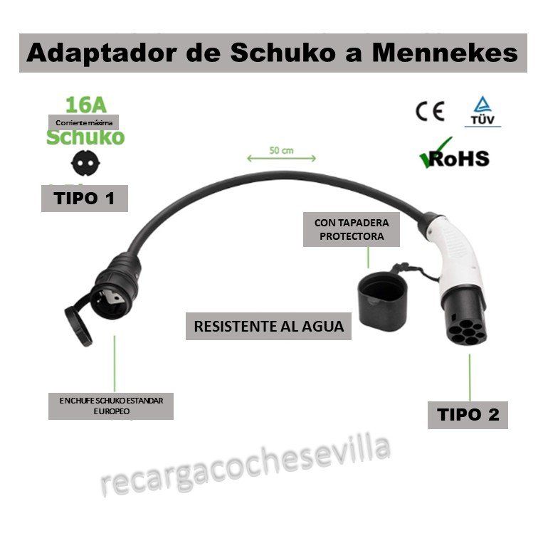 adaptador con base tipo 1 a tipo 2 cargar vehículo eléctrico con un adaptador Schuko a Mennekes