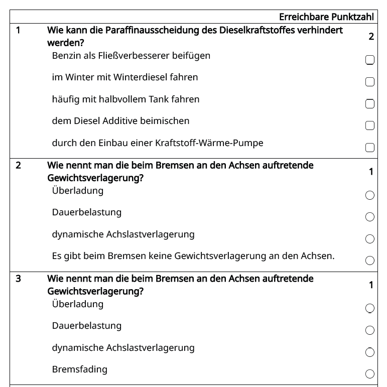 نمونه سؤالات Prüfungsfragen
zur
Prüfung gem. Berufskraftfahrer-Qualifikationsgesetz