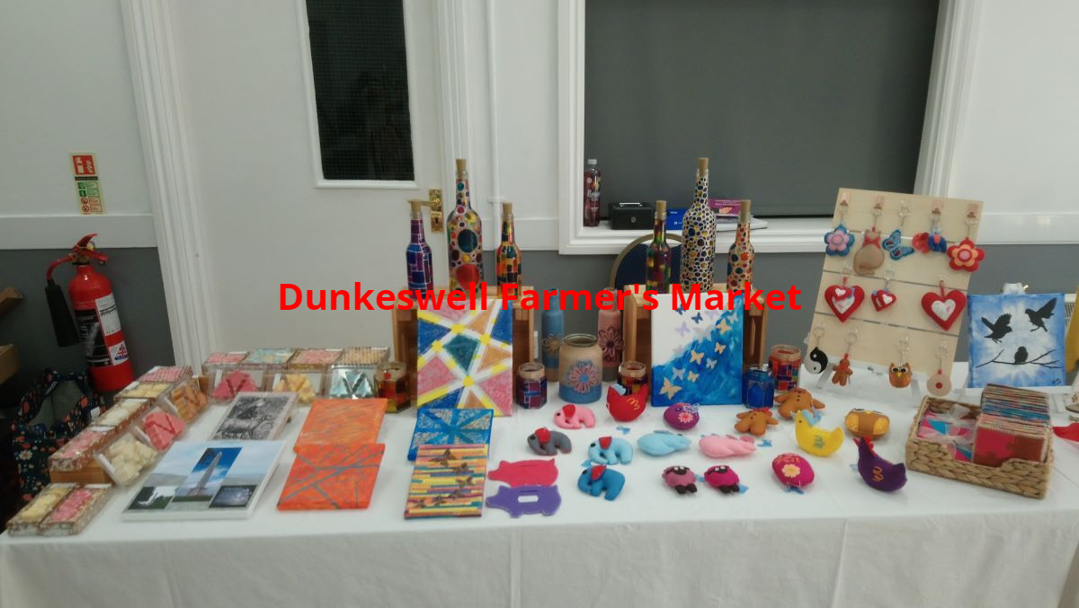 Table set up and ready at Dunkeswell Farmer's Market December 2021