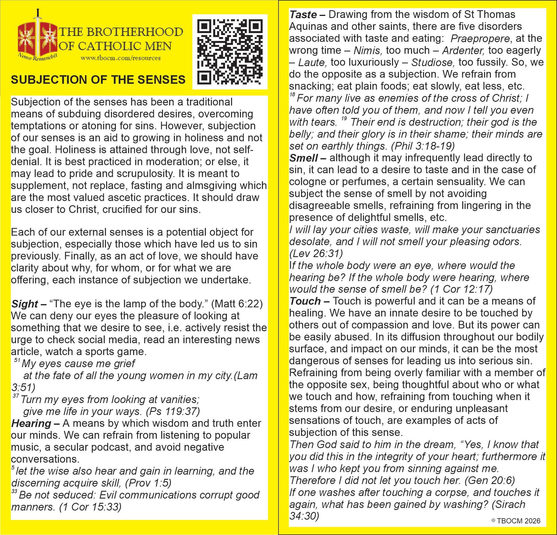 Click to download a pdf copy Subjection of the Senses Card, front and back image. Linked to pdf file.