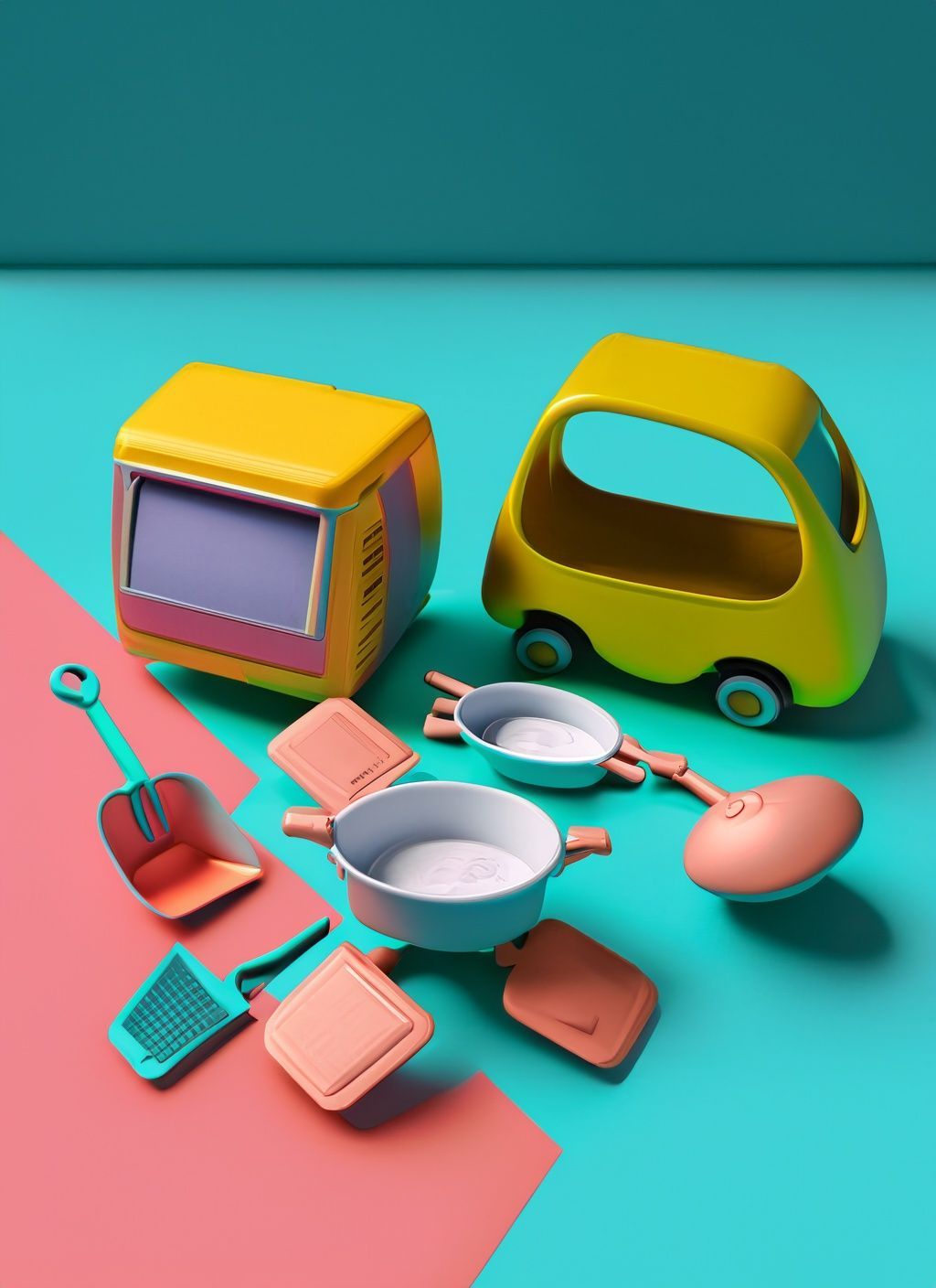 cartoon style image of car, TV, pots and pans, spade