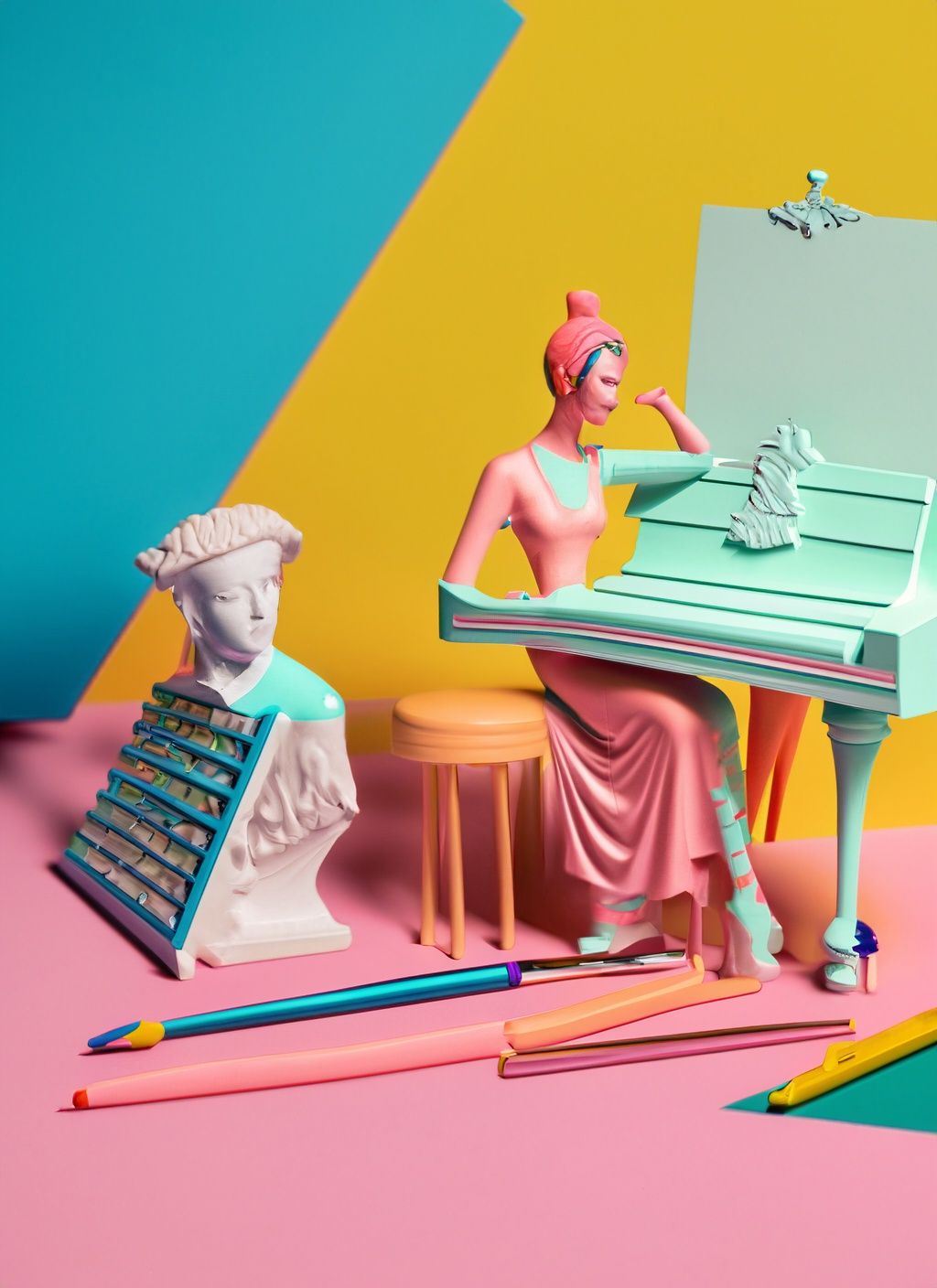 Abstracted images of sculpted bust and woman sitting at a piano