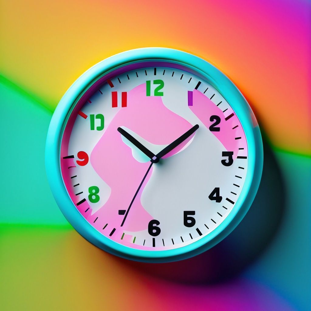 Graphic representation of an analogue wall clock in blue with white and pink face