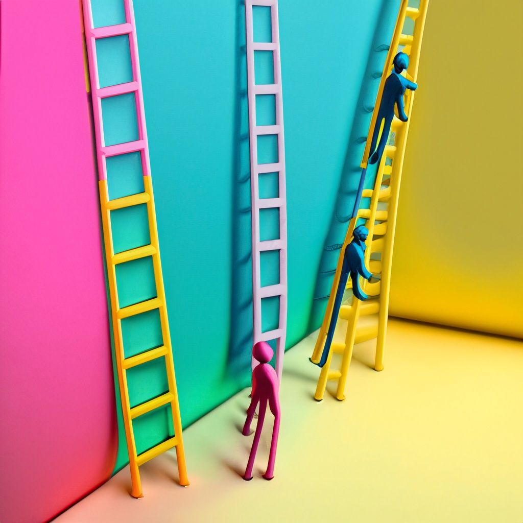 graphical representation of people trying to climb ladders in pink, yellow, blue and turquoise