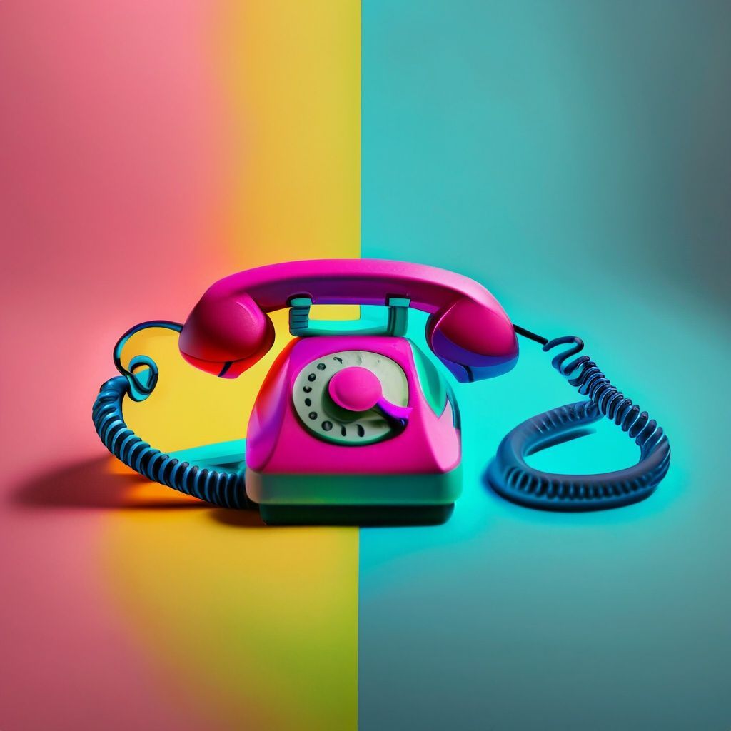 Graphic representation of old fashioned telephone in pink and blue on a rainbow background