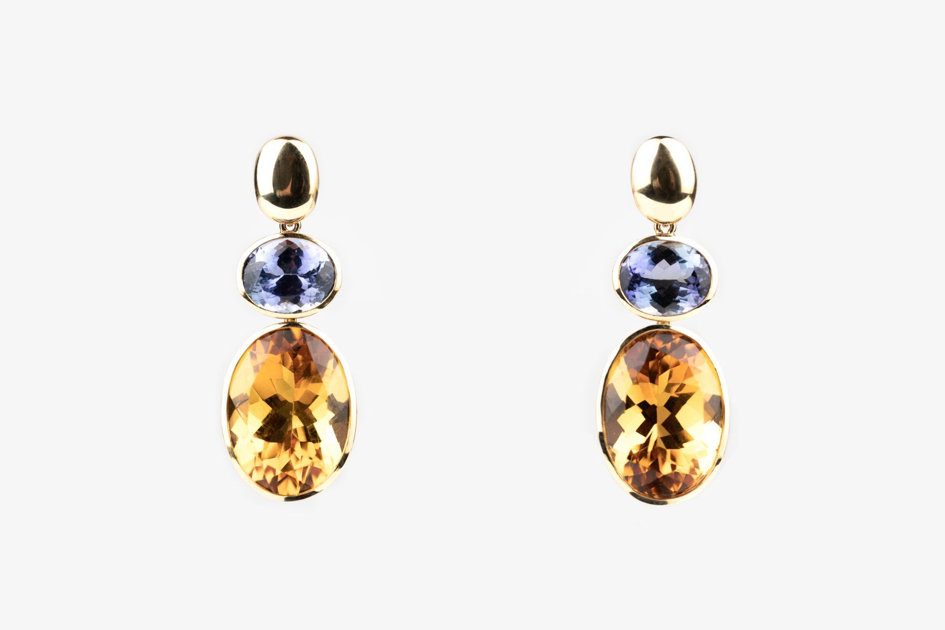 Ohrringe, 750 Gelbgold, Citrin, Tansanit, Goldschmiede München