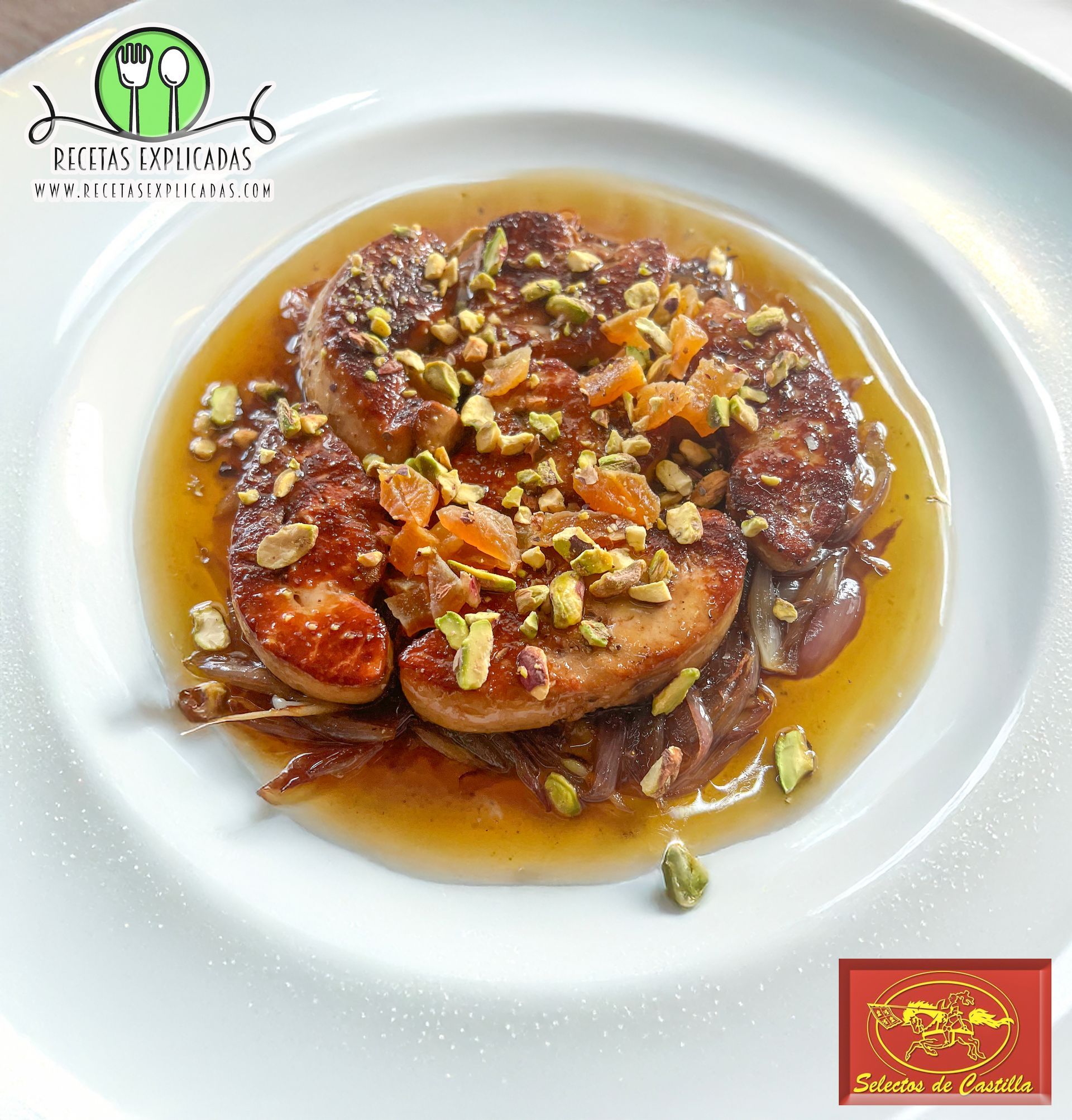 foie al pilpil, vino Fariñas semidulce, receta de foie, cebolla morada caramelizada, pistachos, orejones, recetas explicadas, foie con vino, foie a la sartén, recetas con foie, receta gourmet, recetas fáciles, recetas para sorprender, selectos de castilla