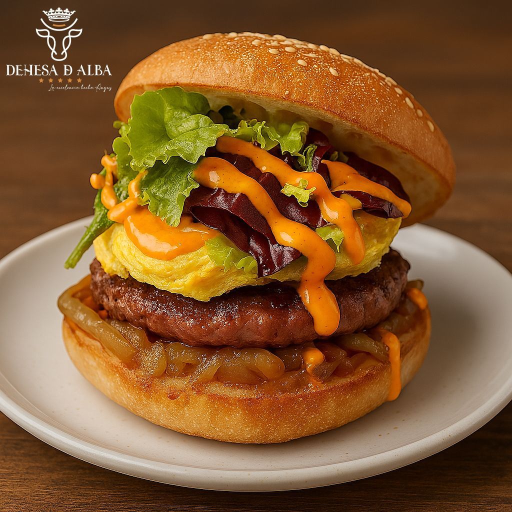 Hamburguesa Angus Dehesa de Alba con tortilla exprés y mayonesa sriracha | Recetas Explicadas