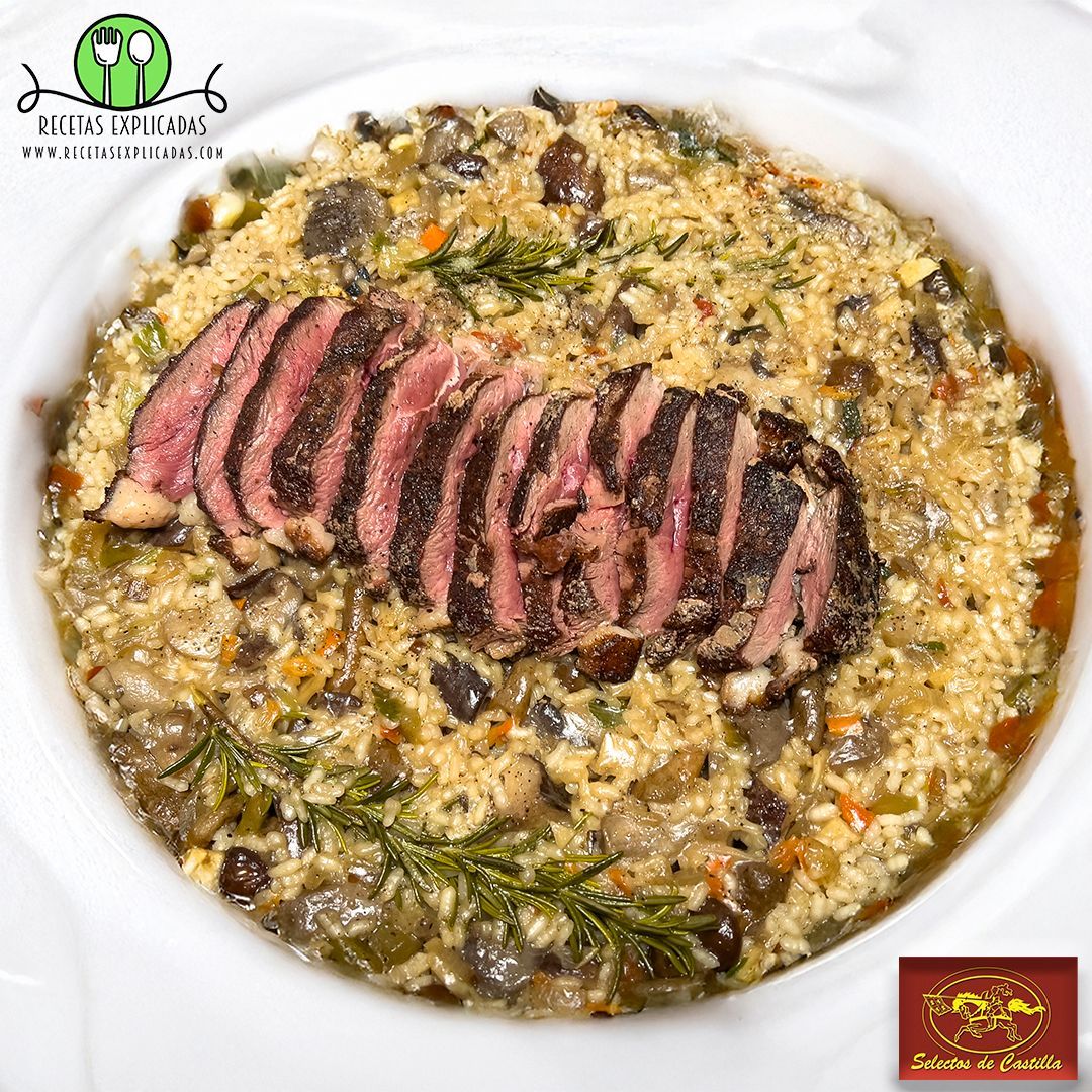 Arroz meloso con magret de pato Selectos de Castilla, setas variadas, sopa juliana y romero