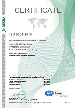 Zertifikat für Qualitätsmanagement nach ISO 9001