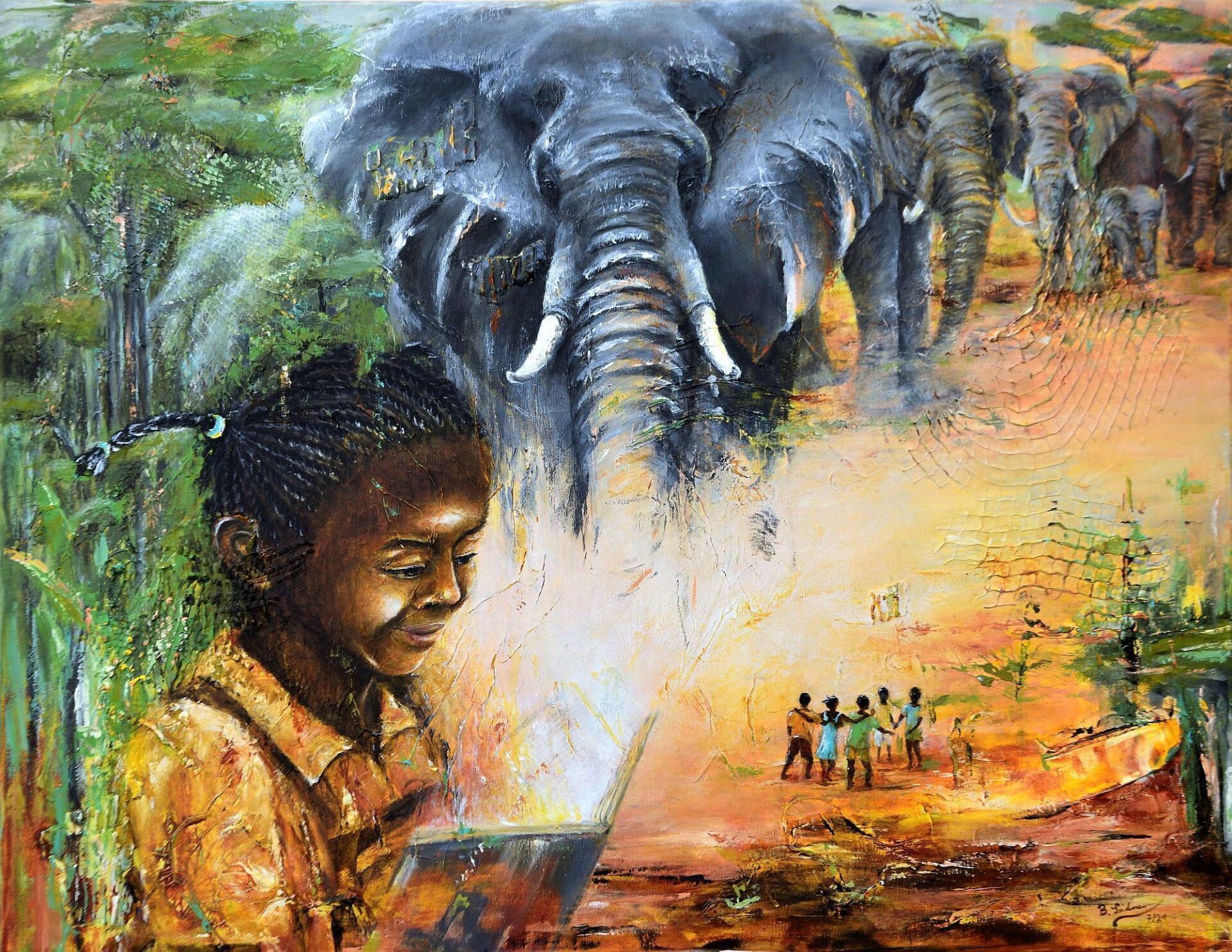 Gemälde von Bianca Leidner mit afrikanischem Mädchen und sich an den Händen haltenden Kindern, außerdem Elefanten und Urwald. Vorherschende Farben sind grün, grau und orange-gelb