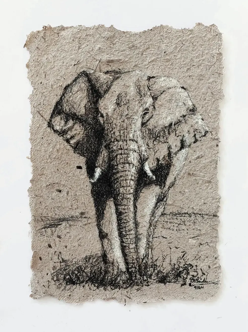 Kohlezeichnung eines Elefanten auf Elefantenpapier aus Elefantendung, das in Uganda hergestellt wurde