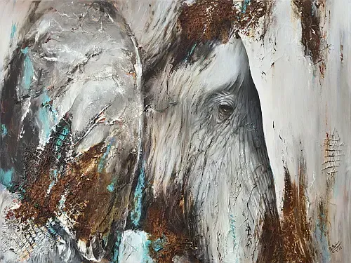 modernes Acryl-Gemälde eines Elefanten, Portrait im Profil, Farben weiß, grau, rost, türkis