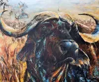 modernes Acryl Gemäldes eines afrikanischen Büffels, Portrait, der Büffel hauptsächlick dunkelbraun mit blauen Akzenten, der Hintergrund hell, sienna, grau