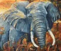 modernes Gemälde, das einen großen Elefanten von vorne und etwas seitlich zeigt, hauptsächlich das Portait. farben: grau-blau und im Hintergrund abstrakt sienna und gelblich leuchtend