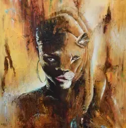 Portrait Gemälde frontal halb afrikanische Frau, halb Löwin. Farben: Ocker, braun, weiß, sienna