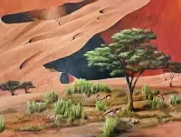 ein Gemälde in orange und sienna Farbtönen mit maigrünen Akzenten, dass die Dünen der Namib zeigt. Im Vordergrund stehen Büsche und ein Akazienbaum, dawischen weidet eine Gruppe Springböcke