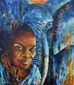 Portrait Gemälde einer afrikanischen Großmuttern und eines Elefanten, Farben blau, sienna