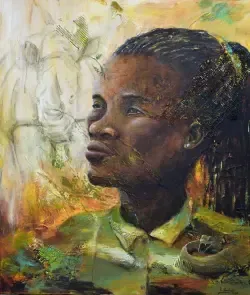 Portrait Gemälde einer entschlossen blickenden afrikanischen Frau im Profil. Sie trägt eine Rangeruniform. Davor eine Black Mamba dahinter ein Nashorn. Farben: olivgrün, braun, ocker
