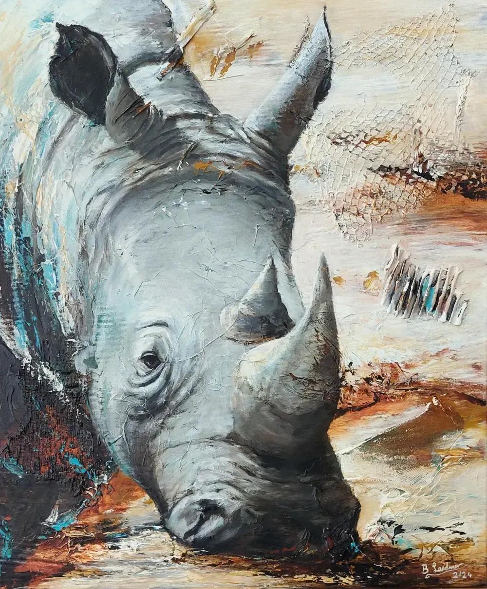 Modernes  gemaltes Portrait eines Breitmaulnashorns, in den Farben grau, blau, elfenbein