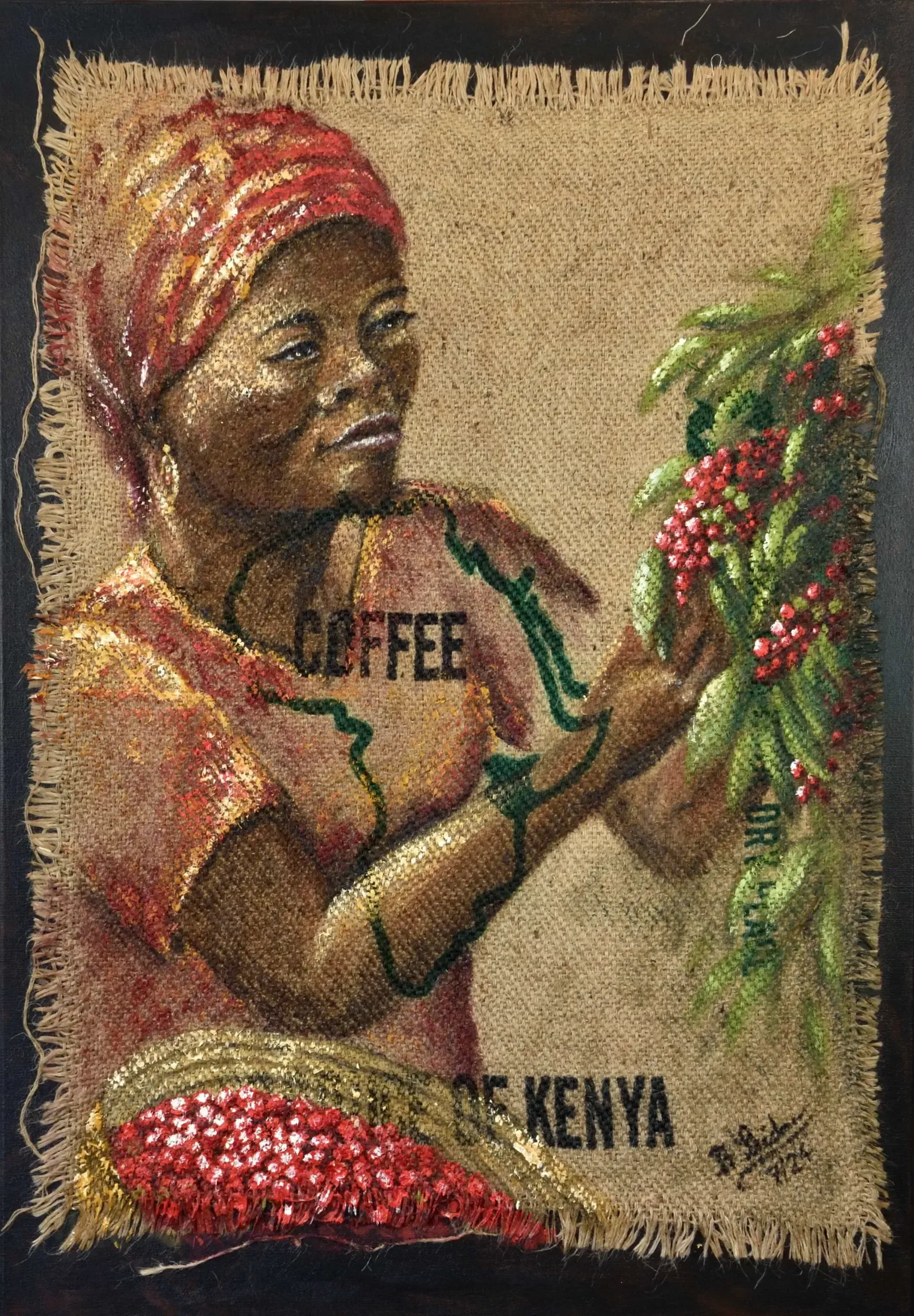 Gemälde auf einem Kaffeesack von einer afrikanischen Frau bei der Kaffeeernte